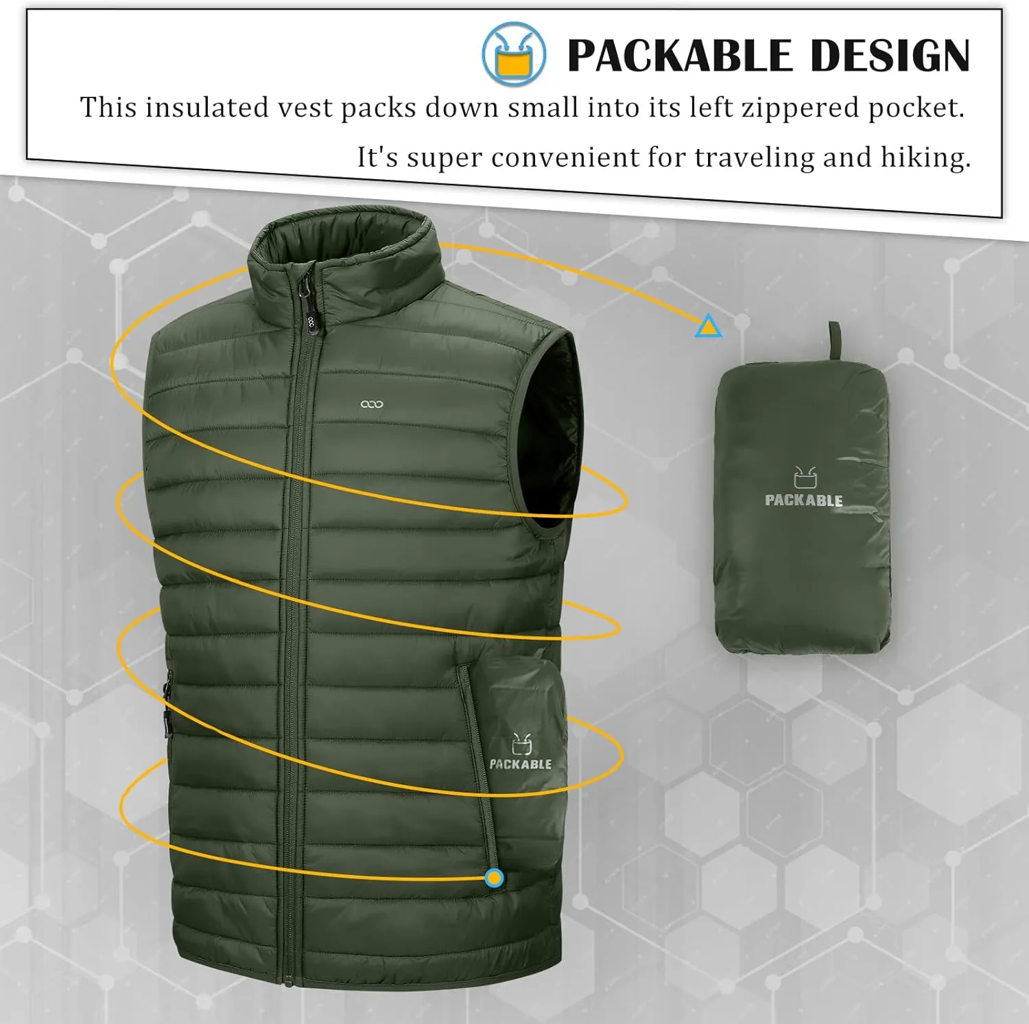 33,000ft Men's Lightweight Packable Insulated Puffer Vest Outerwear, Warm Winter Sleeveless Jacket for Golf Running
