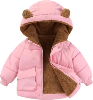 AIWUHE Toddler Winter Coat Boys Girls Down Jacket Hooded Fleece Warm Outwear 3D Ear Padded Puffer Jacket With Pockets 1-6Y