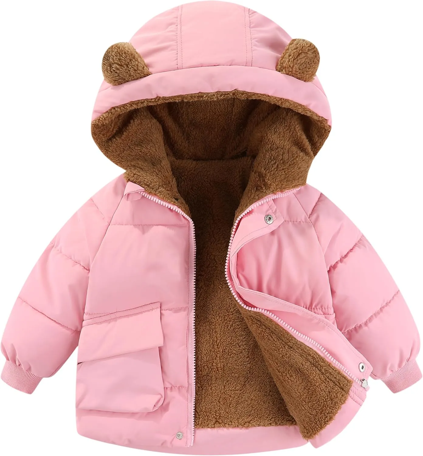AIWUHE Toddler Winter Coat Boys Girls Down Jacket Hooded Fleece Warm Outwear 3D Ear Padded Puffer Jacket With Pockets 1-6Y