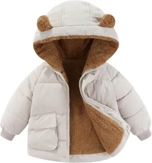 AIWUHE Toddler Winter Coat Boys Girls Down Jacket Hooded Fleece Warm Outwear 3D Ear Padded Puffer Jacket With Pockets 1-6Y