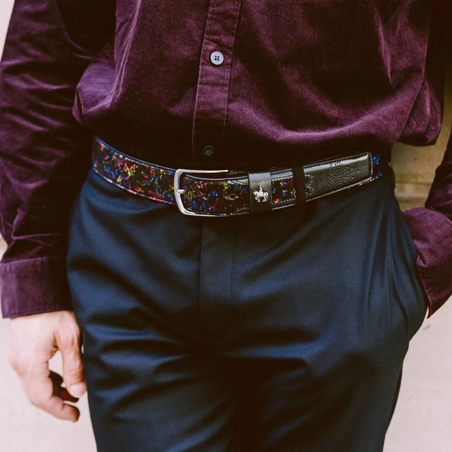 Alec - Black Flower - Men's dressy belt in flower patterned genuine leather