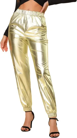Allegra K Women's Metallic Trousers Christmas Shiny Sparkle Elastic Waist Holographic Pants