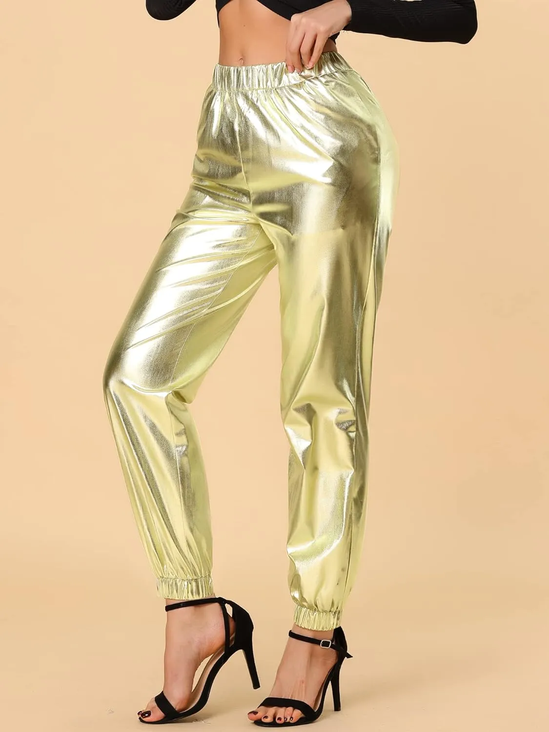 Allegra K Women's Metallic Trousers Christmas Shiny Sparkle Elastic Waist Holographic Pants