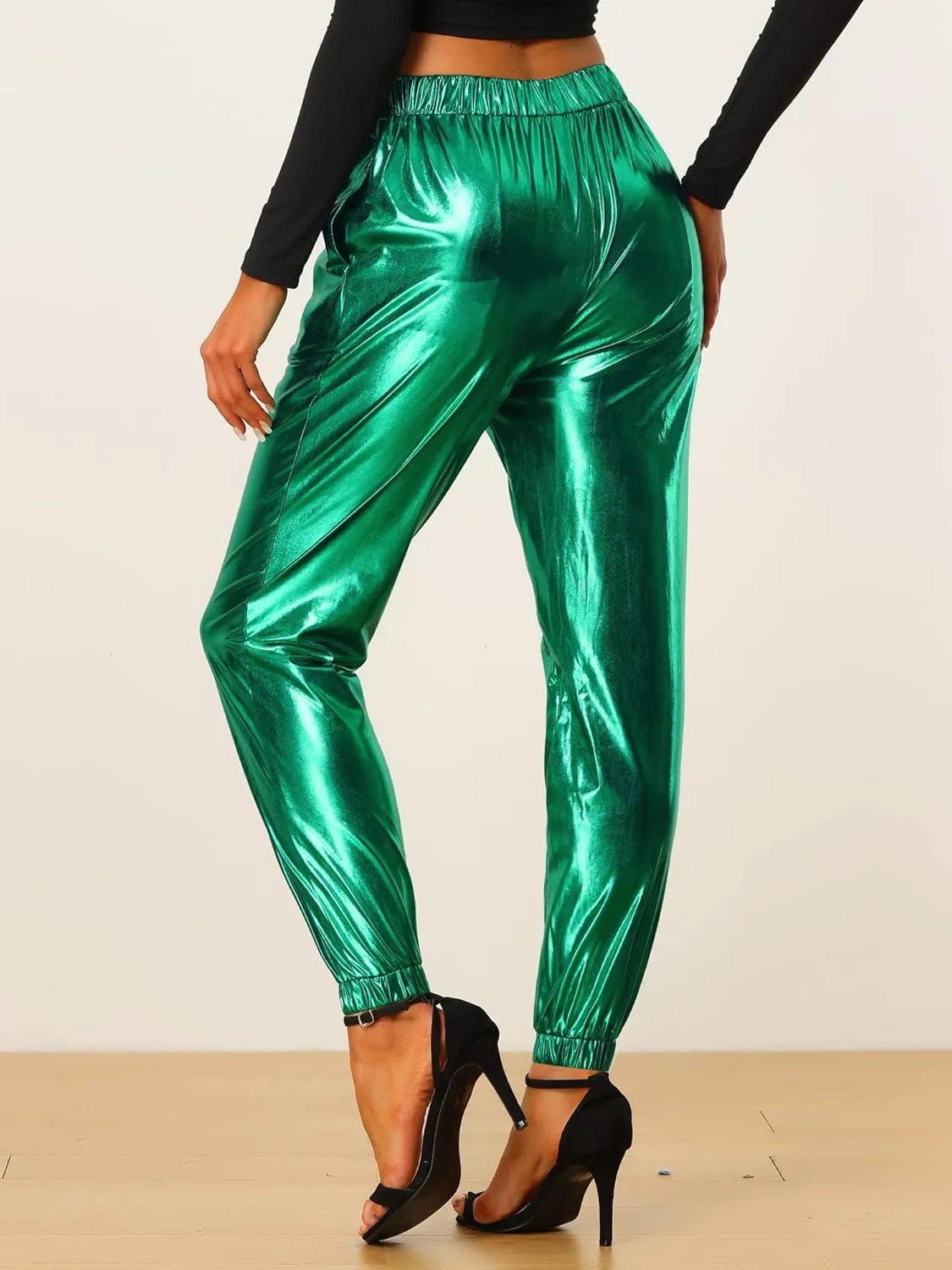 Allegra K Women's Metallic Trousers Christmas Shiny Sparkle Elastic Waist Holographic Pants