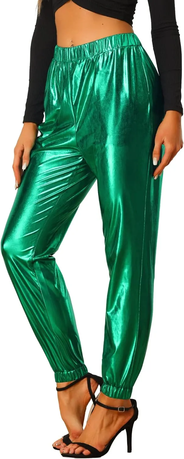 Allegra K Women's Metallic Trousers Christmas Shiny Sparkle Elastic Waist Holographic Pants