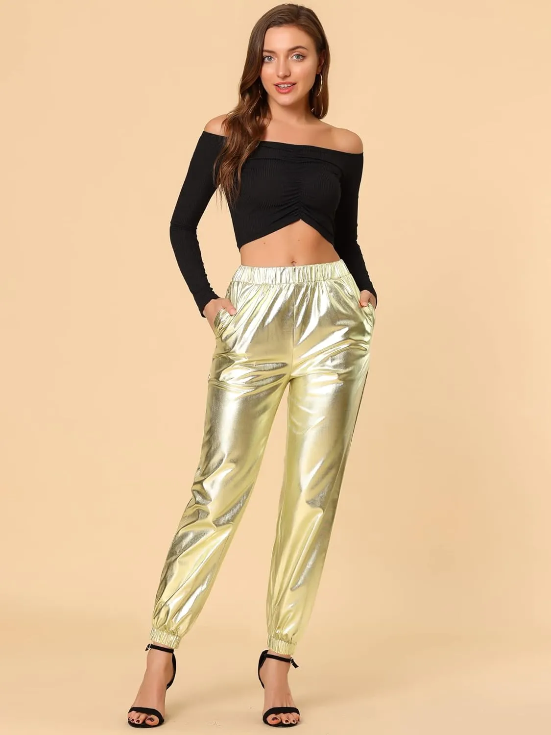 Allegra K Women's Metallic Trousers Christmas Shiny Sparkle Elastic Waist Holographic Pants