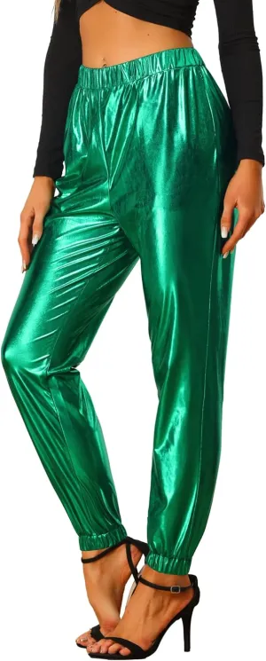 Allegra K Women's Metallic Trousers Christmas Shiny Sparkle Elastic Waist Holographic Pants