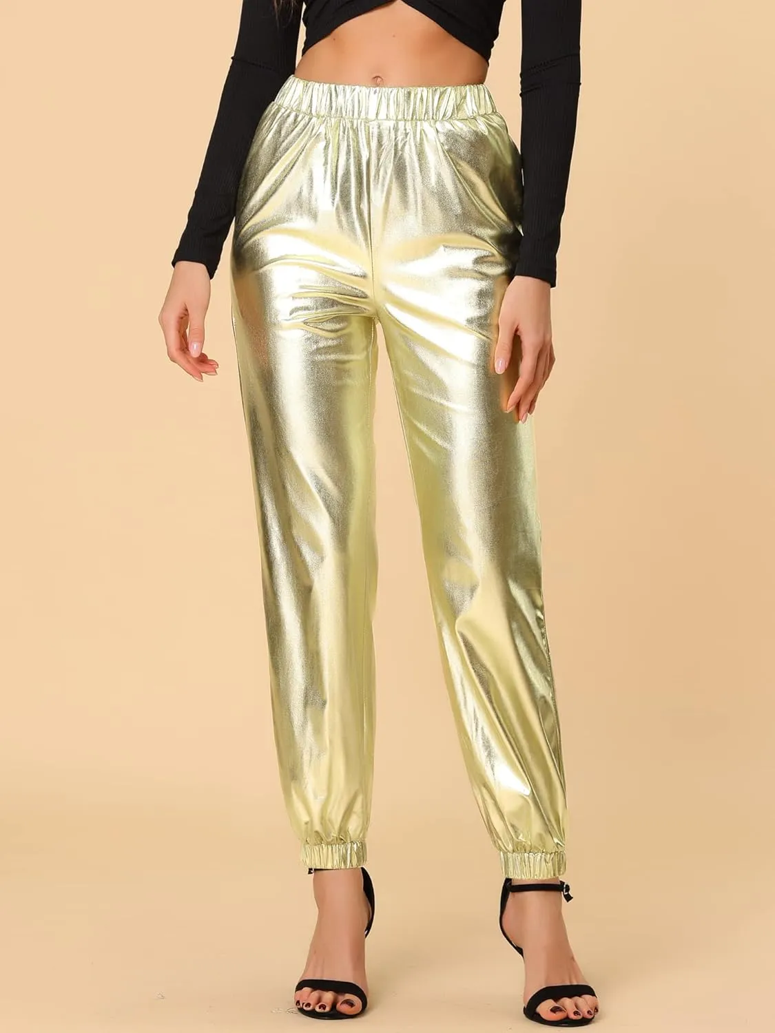 Allegra K Women's Metallic Trousers Christmas Shiny Sparkle Elastic Waist Holographic Pants