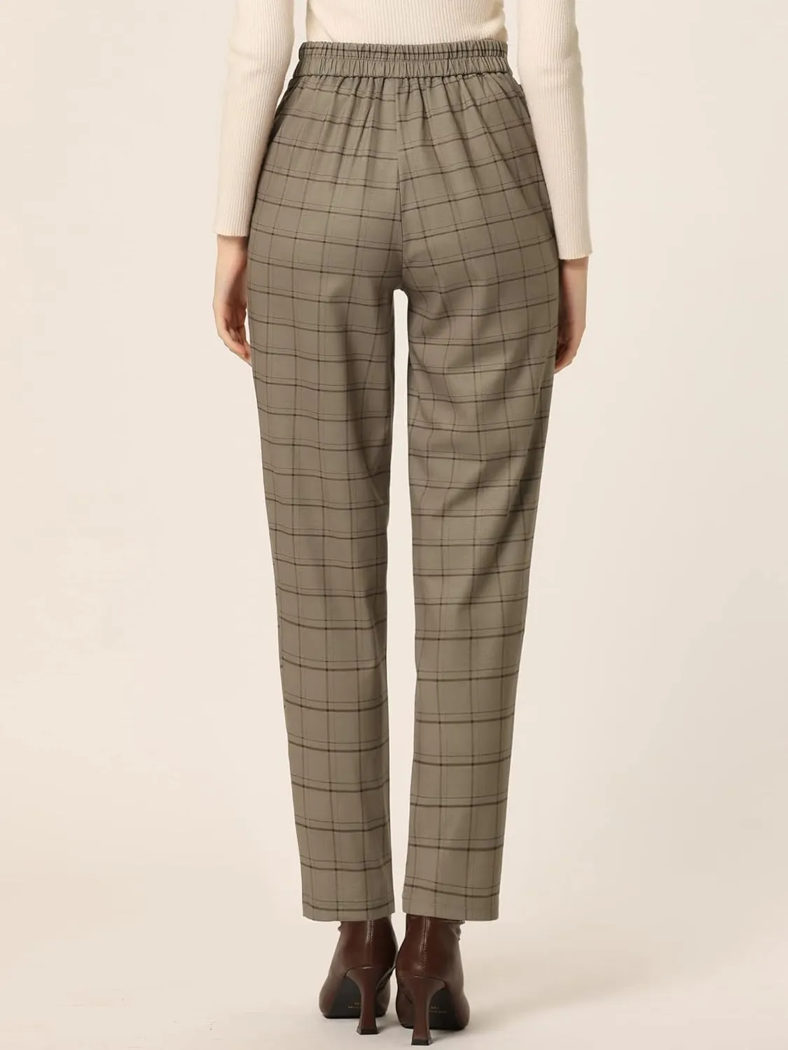 Allegra K Women's Vintage Tartan Plaid Pants Elastic Waist Straight Long Trousers