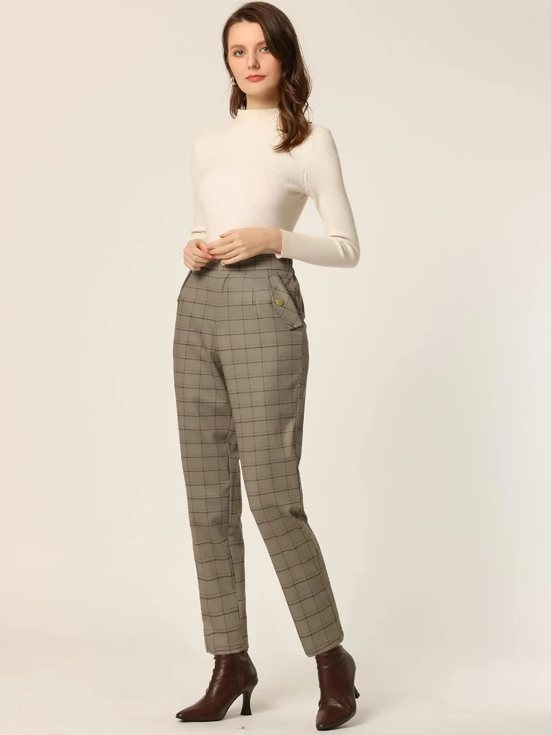 Allegra K Women's Vintage Tartan Plaid Pants Elastic Waist Straight Long Trousers