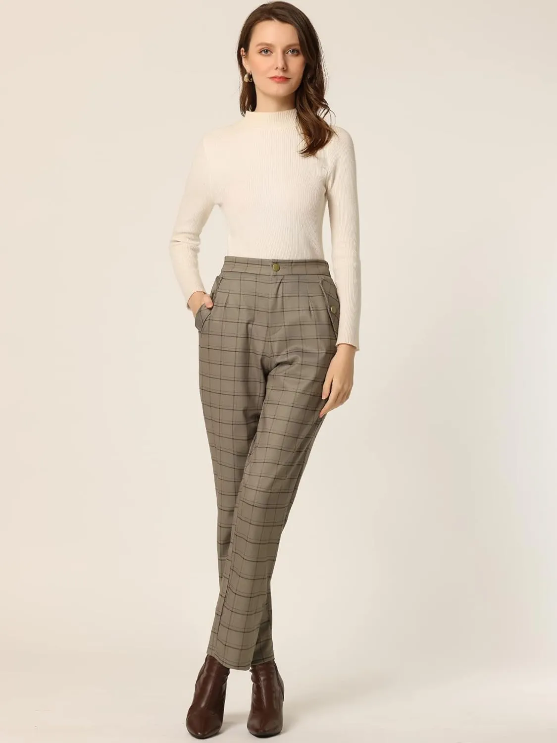 Allegra K Women's Vintage Tartan Plaid Pants Elastic Waist Straight Long Trousers