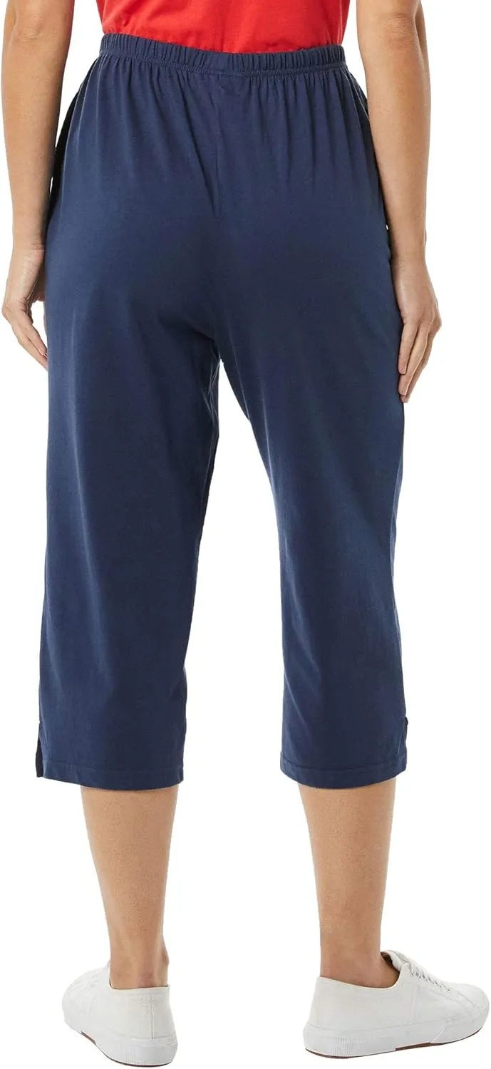 AmeriMark Womens Capri Pants - Full Elastic Waist Pedal Pushers - Ladies 100% Cotton Pull-On Cropped Pants - Side Pockets