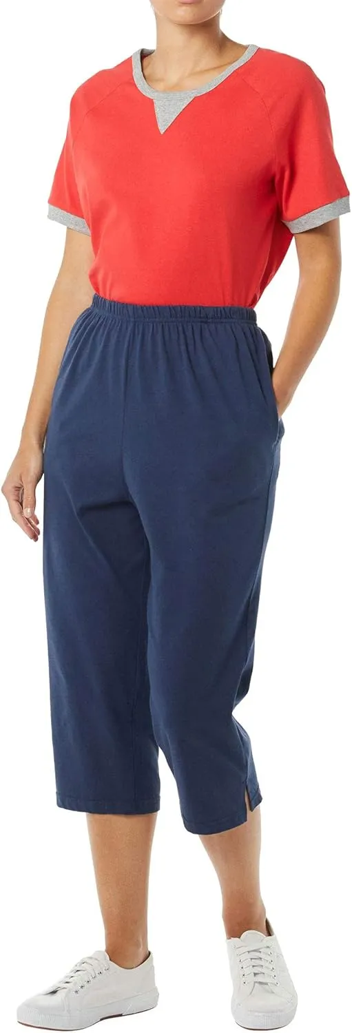 AmeriMark Womens Capri Pants - Full Elastic Waist Pedal Pushers - Ladies 100% Cotton Pull-On Cropped Pants - Side Pockets