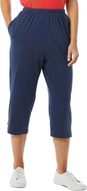 AmeriMark Womens Capri Pants - Full Elastic Waist Pedal Pushers - Ladies 100% Cotton Pull-On Cropped Pants - Side Pockets