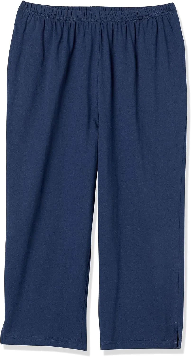 AmeriMark Womens Capri Pants - Full Elastic Waist Pedal Pushers - Ladies 100% Cotton Pull-On Cropped Pants - Side Pockets