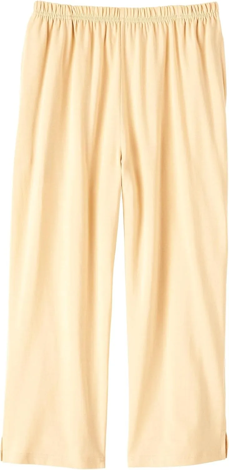AmeriMark Womens Capri Pants - Full Elastic Waist Pedal Pushers - Ladies 100% Cotton Pull-On Cropped Pants - Side Pockets