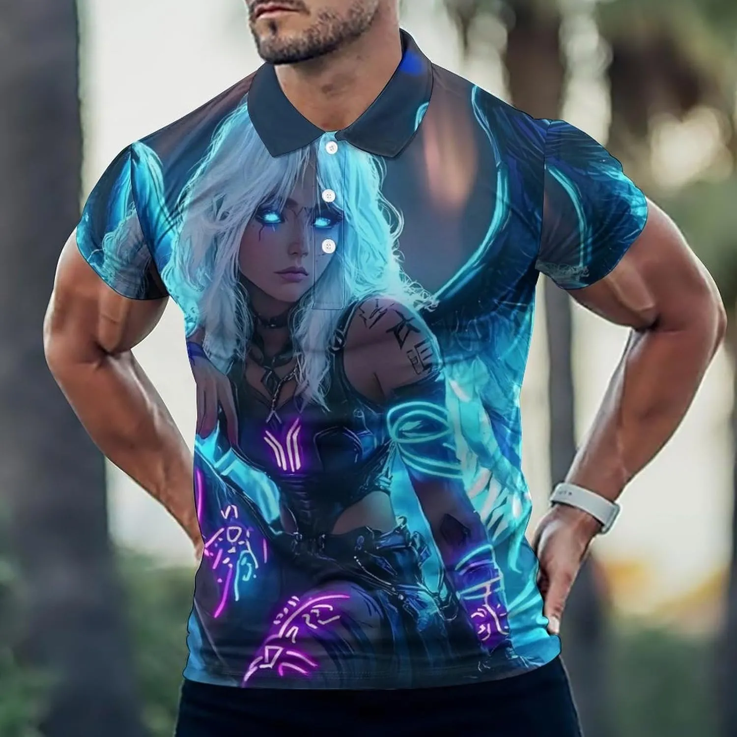 Angle Neon Glowing Slim Fit Men's Short Sleeve Polo Shirts Quick-Dry Breathable Golf T-Shirt Tops