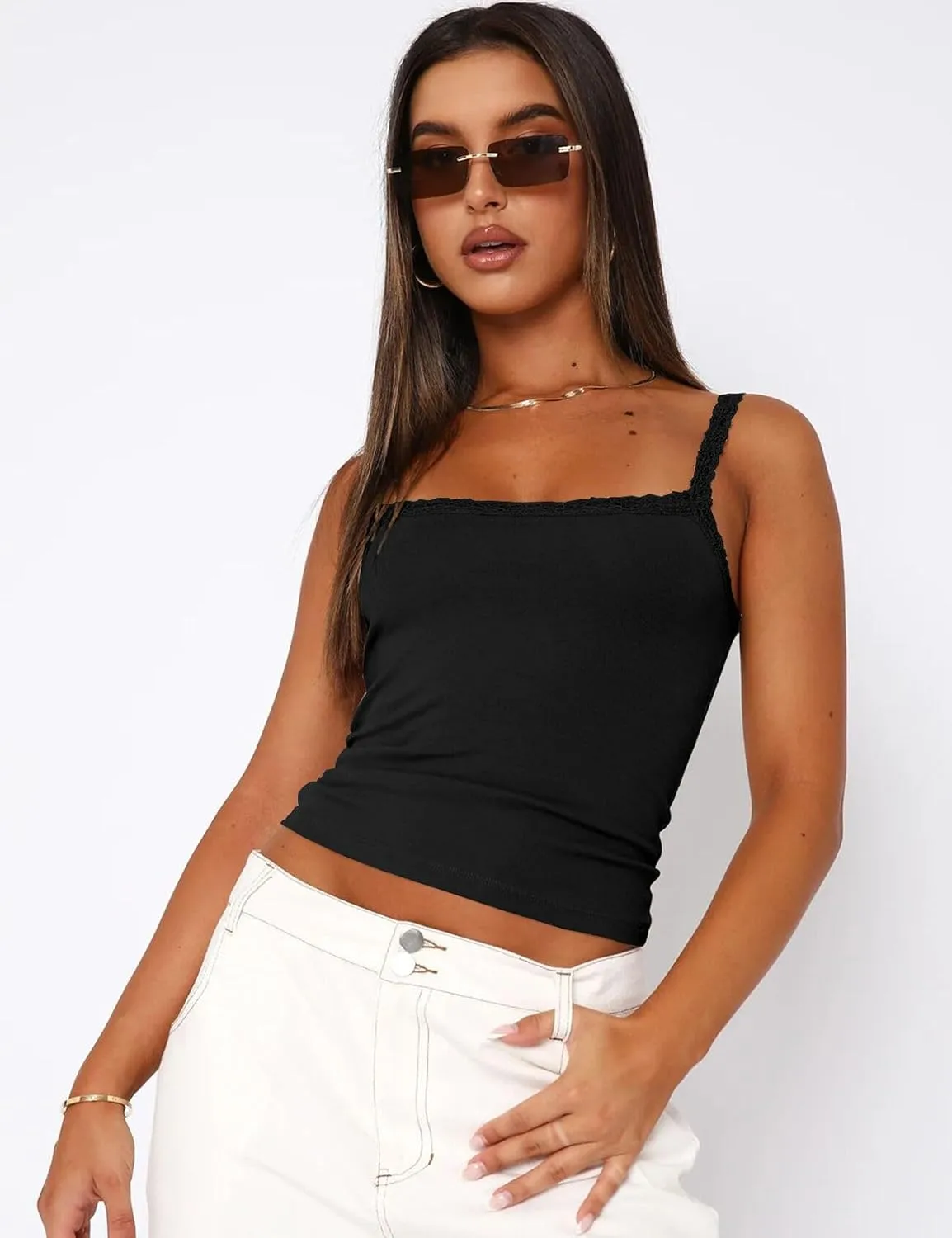 Arssm Womans 3 Pack Lace Camisole Sleeveless Square Neck Tank Soft Ribbed Cami Y2K Crop Knit Trim Fit Tops