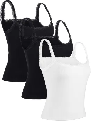 Arssm Womans 3 Pack Lace Camisole Sleeveless Square Neck Tank Soft Ribbed Cami Y2K Crop Knit Trim Fit Tops