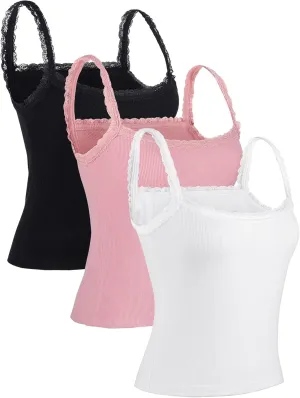 Arssm Womans 3 Pack Lace Camisole Sleeveless Square Neck Tank Soft Ribbed Cami Y2K Crop Knit Trim Fit Tops