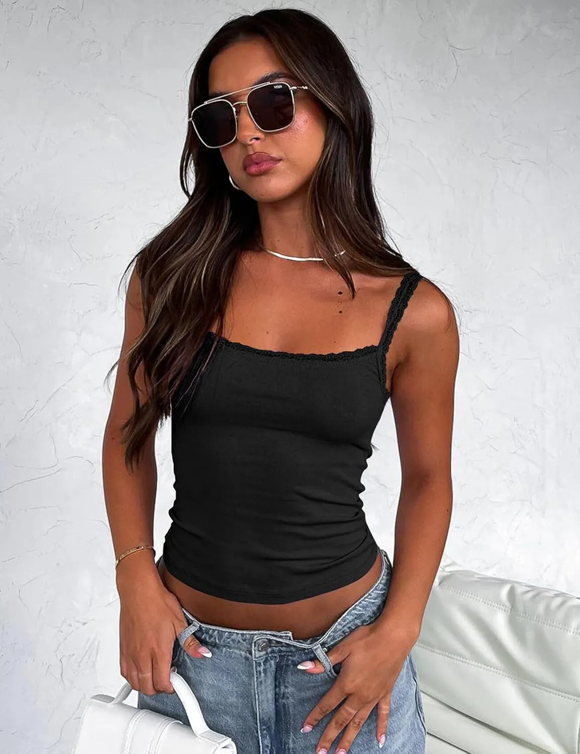 Arssm Womans 3 Pack Lace Camisole Sleeveless Square Neck Tank Soft Ribbed Cami Y2K Crop Knit Trim Fit Tops