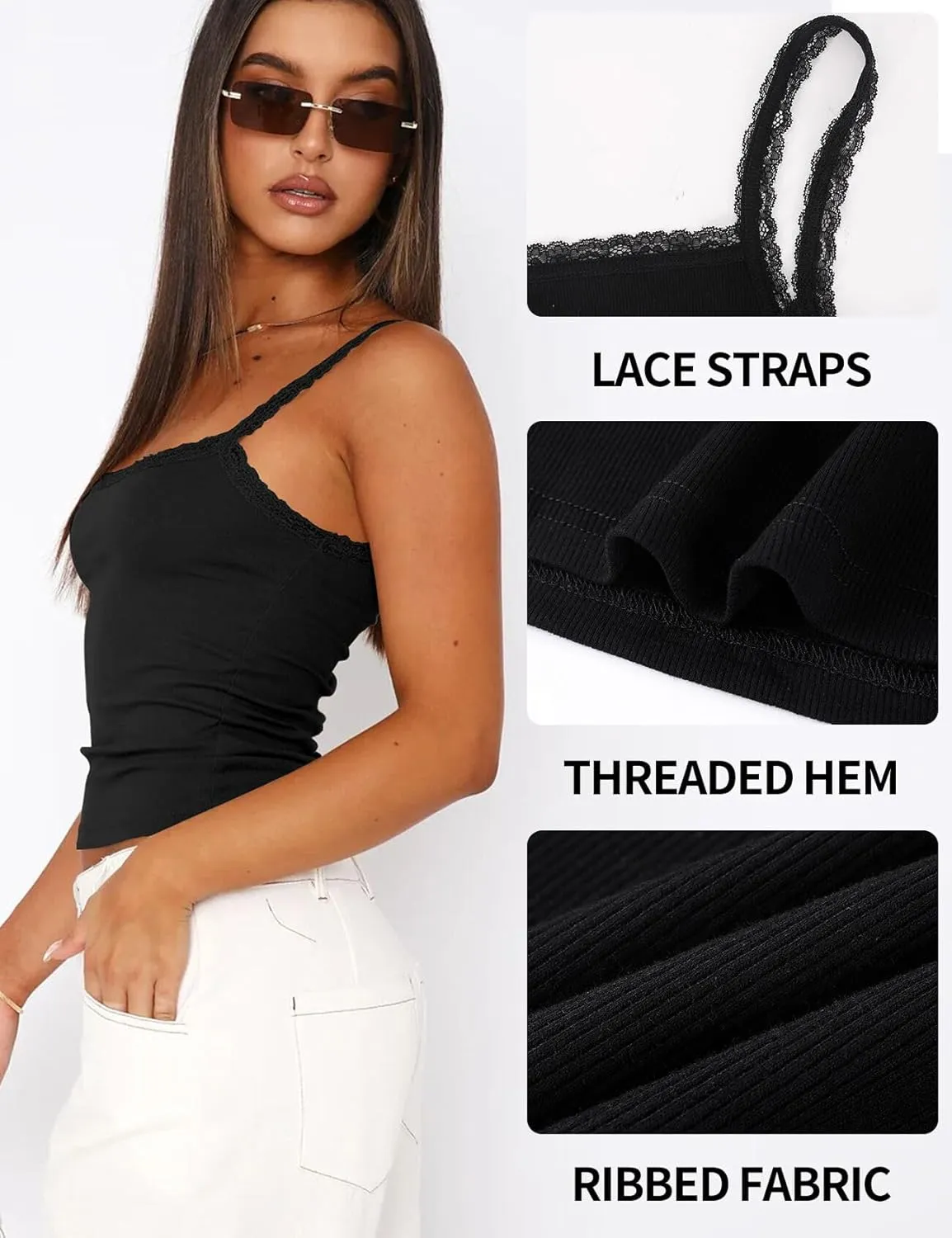 Arssm Womans 3 Pack Lace Camisole Sleeveless Square Neck Tank Soft Ribbed Cami Y2K Crop Knit Trim Fit Tops