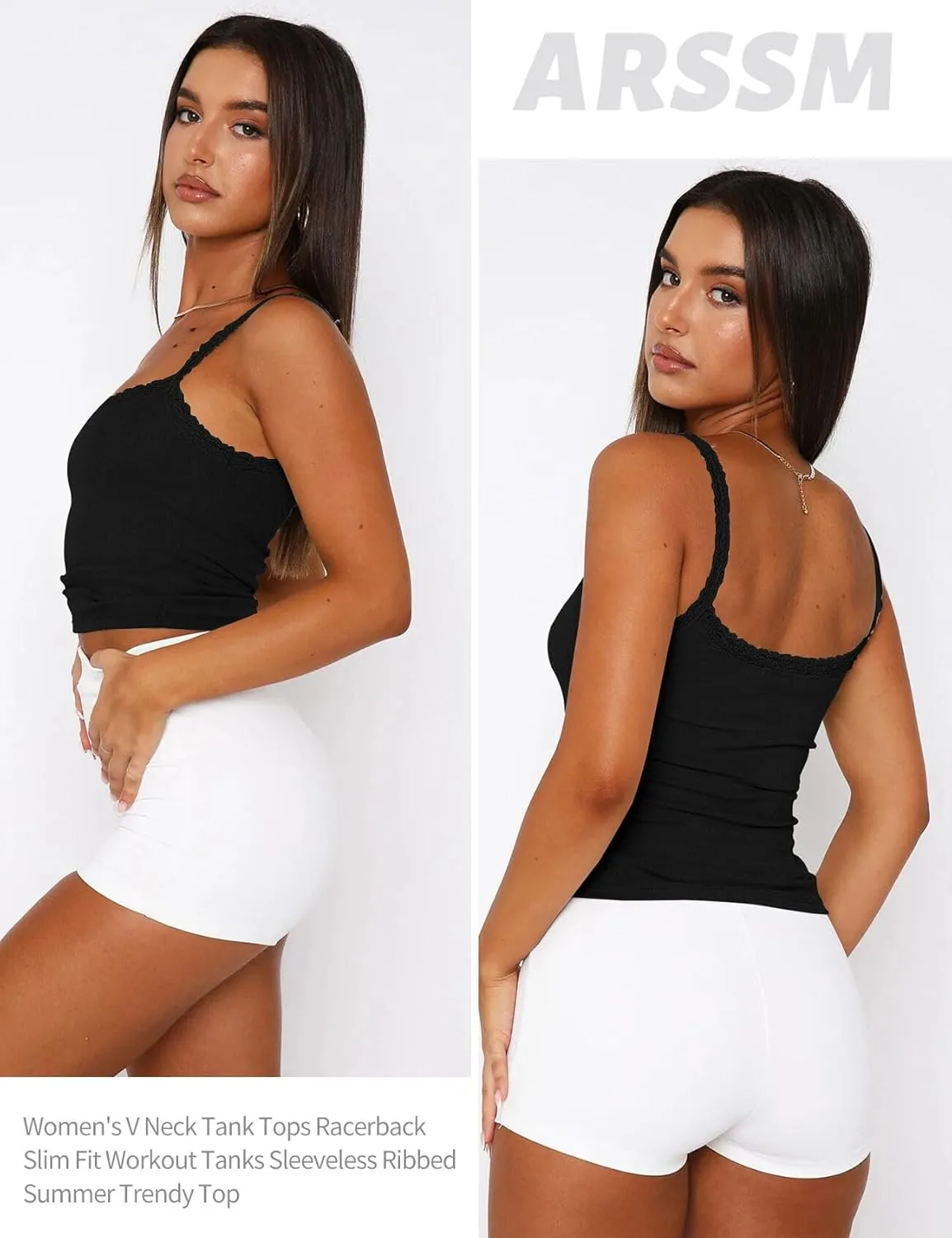 Arssm Womans 3 Pack Lace Camisole Sleeveless Square Neck Tank Soft Ribbed Cami Y2K Crop Knit Trim Fit Tops