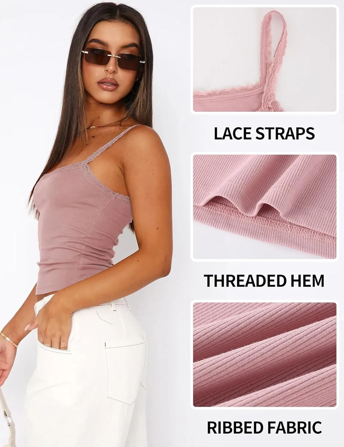 Arssm Womans 3 Pack Lace Camisole Sleeveless Square Neck Tank Soft Ribbed Cami Y2K Crop Knit Trim Fit Tops