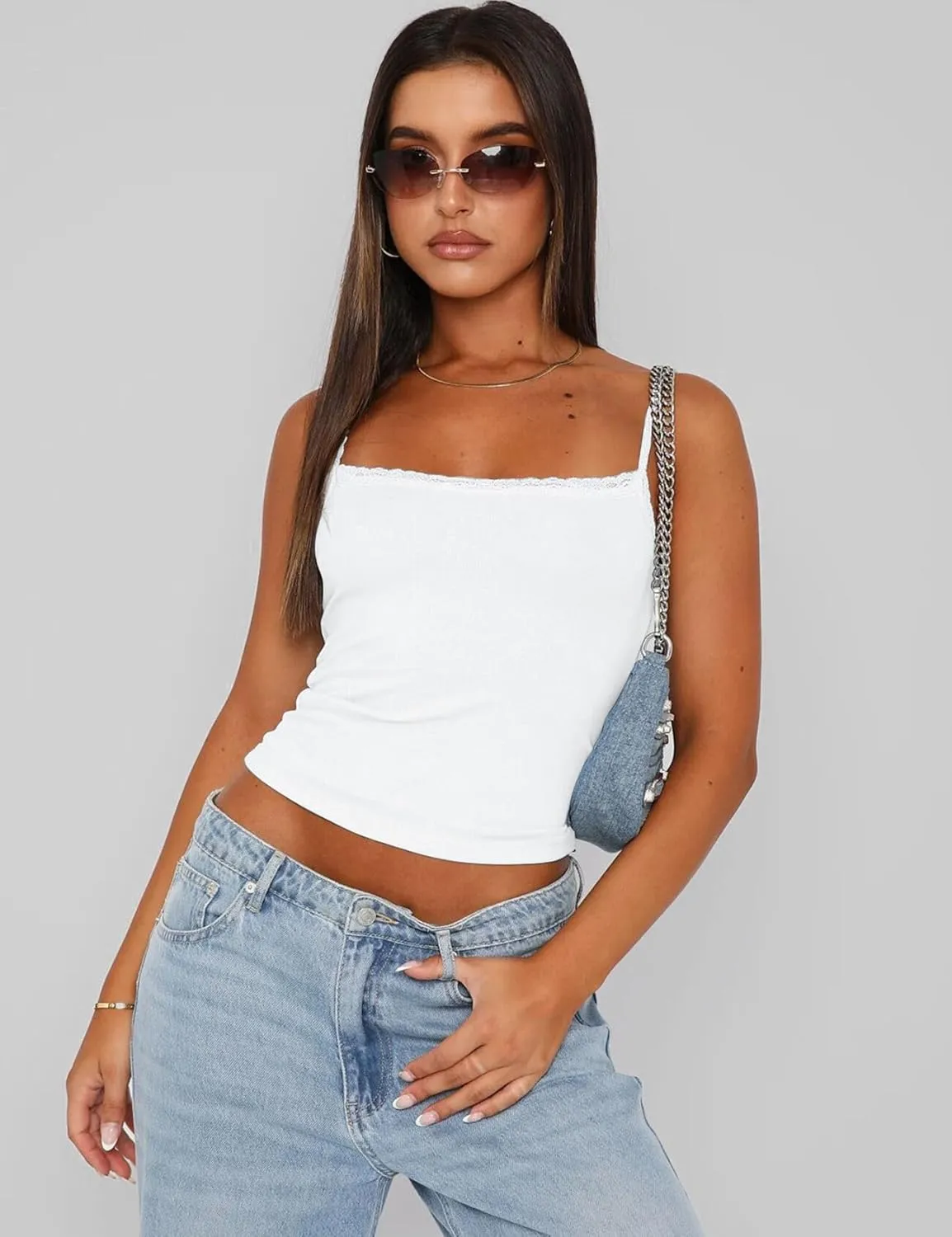 Arssm Womans 3 Pack Lace Camisole Sleeveless Square Neck Tank Soft Ribbed Cami Y2K Crop Knit Trim Fit Tops