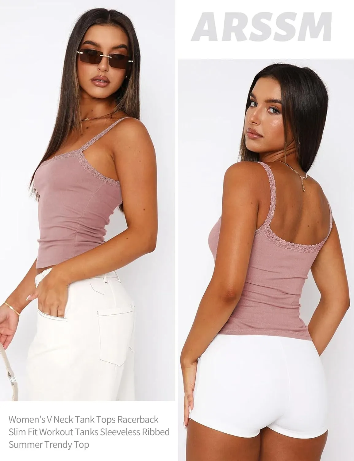 Arssm Womans 3 Pack Lace Camisole Sleeveless Square Neck Tank Soft Ribbed Cami Y2K Crop Knit Trim Fit Tops