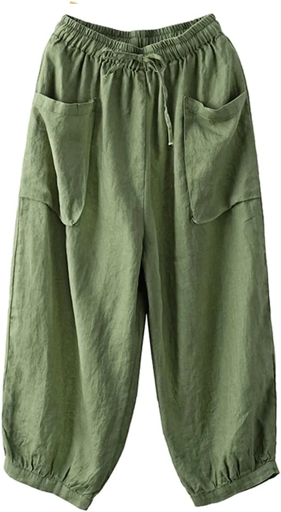 Arts Style Women Elastic Waist Cotton Linen Solid Harem Pants Loose Casual Ankle-Length Pants