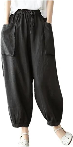 Arts Style Women Elastic Waist Cotton Linen Solid Harem Pants Loose Casual Ankle-Length Pants