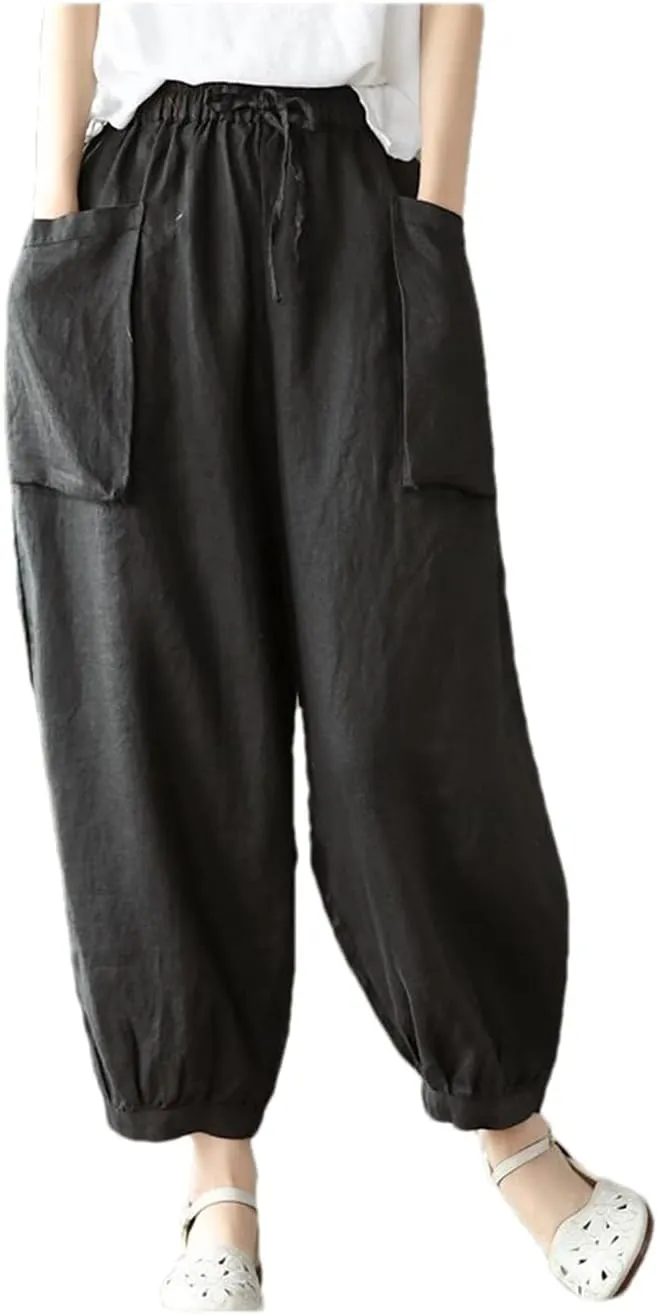 Arts Style Women Elastic Waist Cotton Linen Solid Harem Pants Loose Casual Ankle-Length Pants
