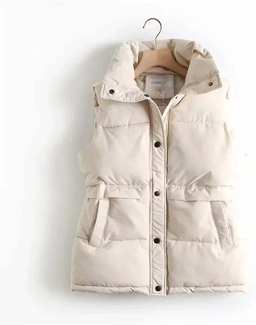 Autumn Winter Women Solid Loose Vest Drawstring Stand Collar Long Vest Jacket Cotton Padded Windproof Waistcoat