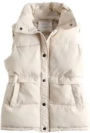 Autumn Winter Women Solid Loose Vest Drawstring Stand Collar Long Vest Jacket Cotton Padded Windproof Waistcoat