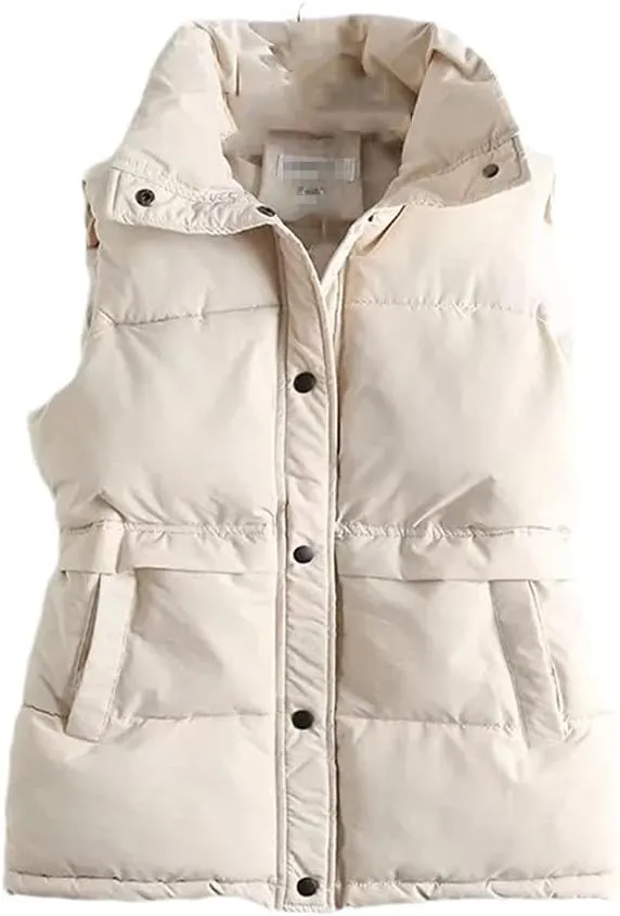 Autumn Winter Women Solid Loose Vest Drawstring Stand Collar Long Vest Jacket Cotton Padded Windproof Waistcoat
