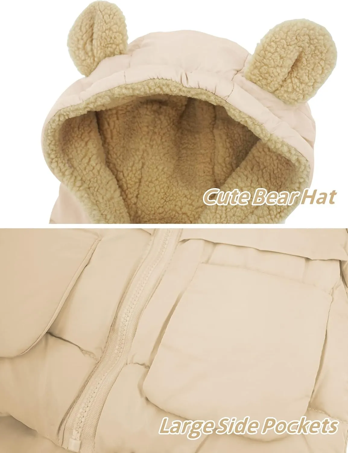 Baby Winter Thick Warm Quilted Jacket Sherpa Fleece Hood Coat with Bear Ear Insulated Parka Anorak Ski Outwear 2-7 Years