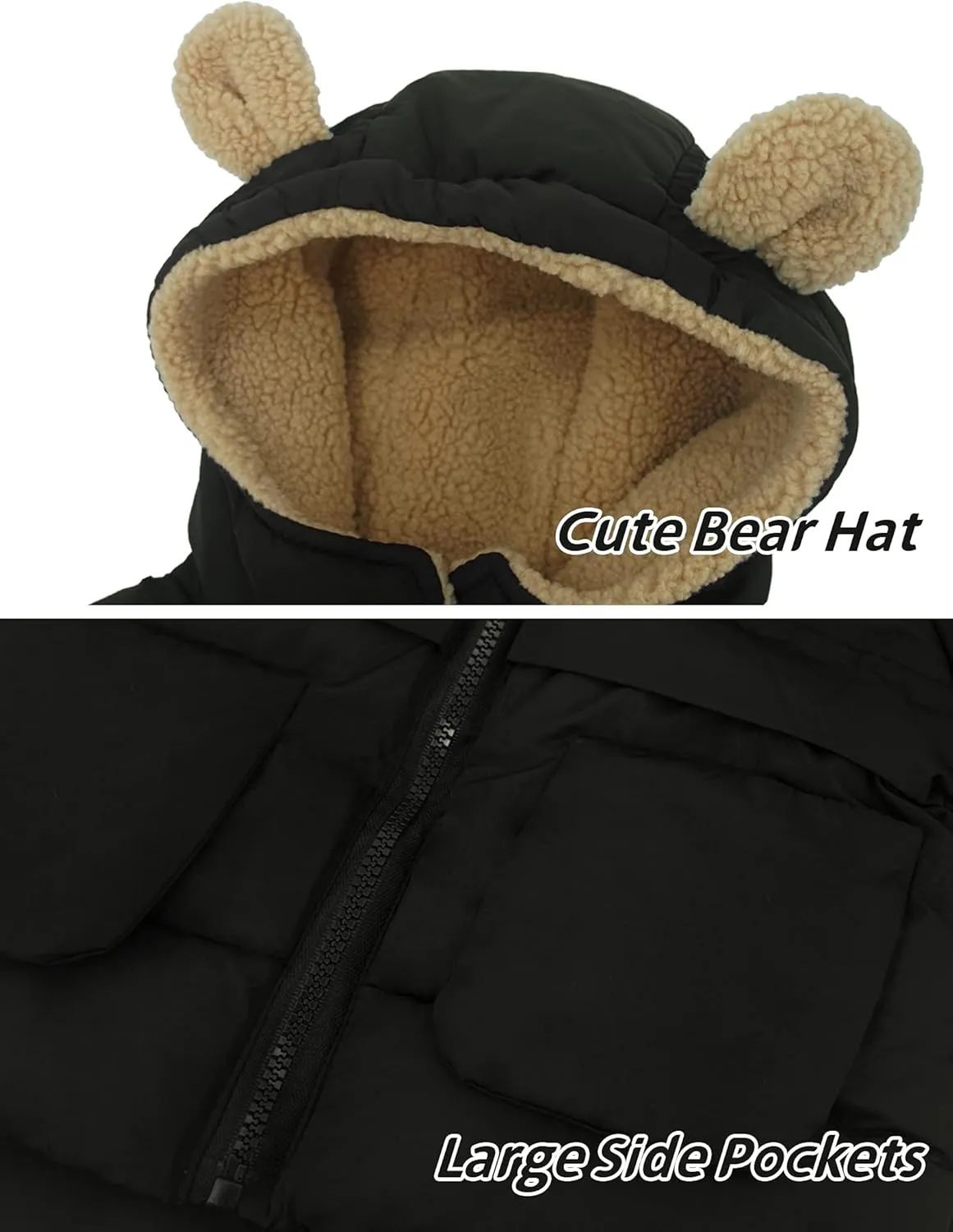 Baby Winter Thick Warm Quilted Jacket Sherpa Fleece Hood Coat with Bear Ear Insulated Parka Anorak Ski Outwear 2-7 Years