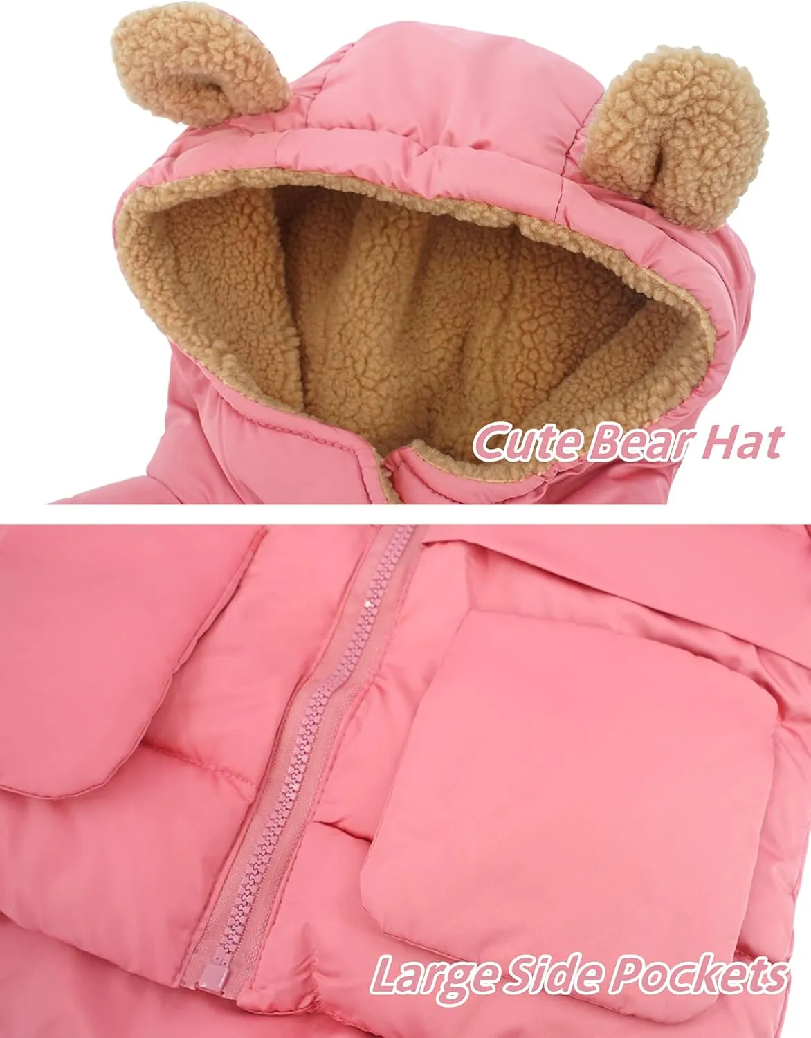 Baby Winter Thick Warm Quilted Jacket Sherpa Fleece Hood Coat with Bear Ear Insulated Parka Anorak Ski Outwear 2-7 Years