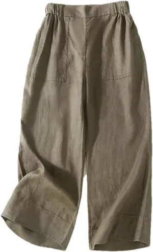 Bciopll Women's Loose Pocket Wide Legs Cotton Linen Pants Casual Solid Cropped Trousers Elastic Waist Linen Pants Summer