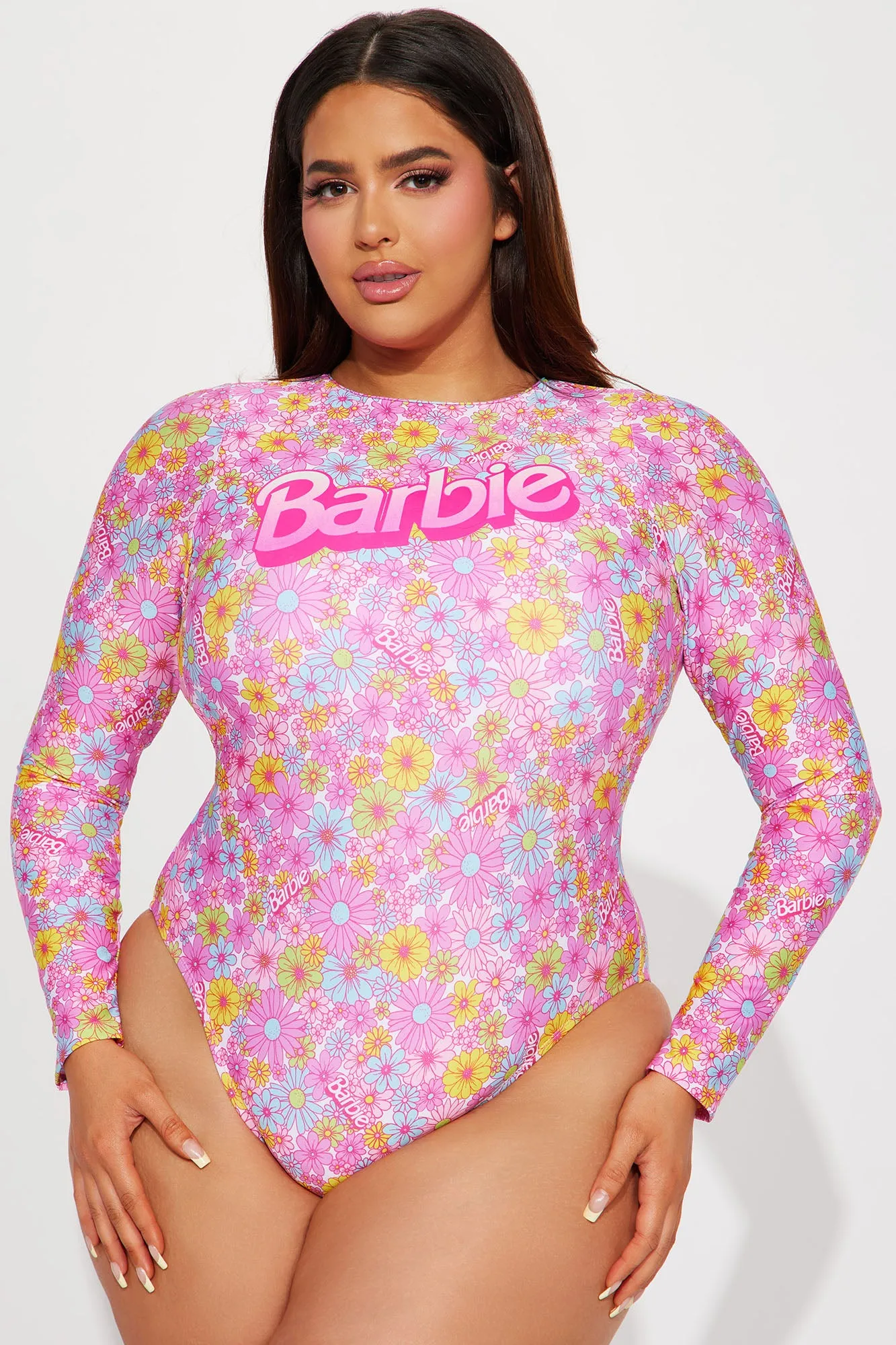Beach Barbie 1 Piece Long Sleeve Swimsuit - Pink/combo