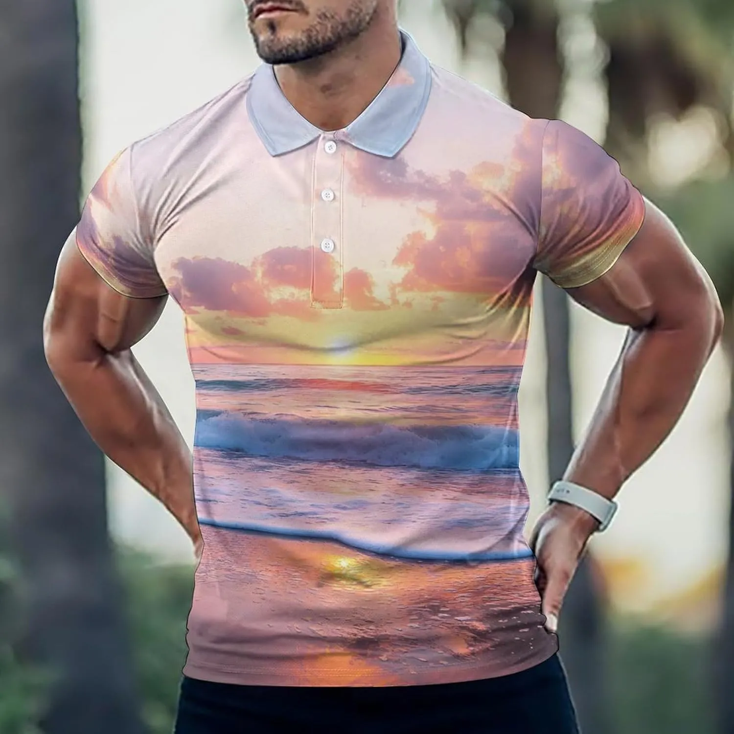 Beautiful Sunset Over The Ocean Slim Fit Men's Short Sleeve Polo Shirts Quick-Dry Breathable Golf T-Shirt Tops