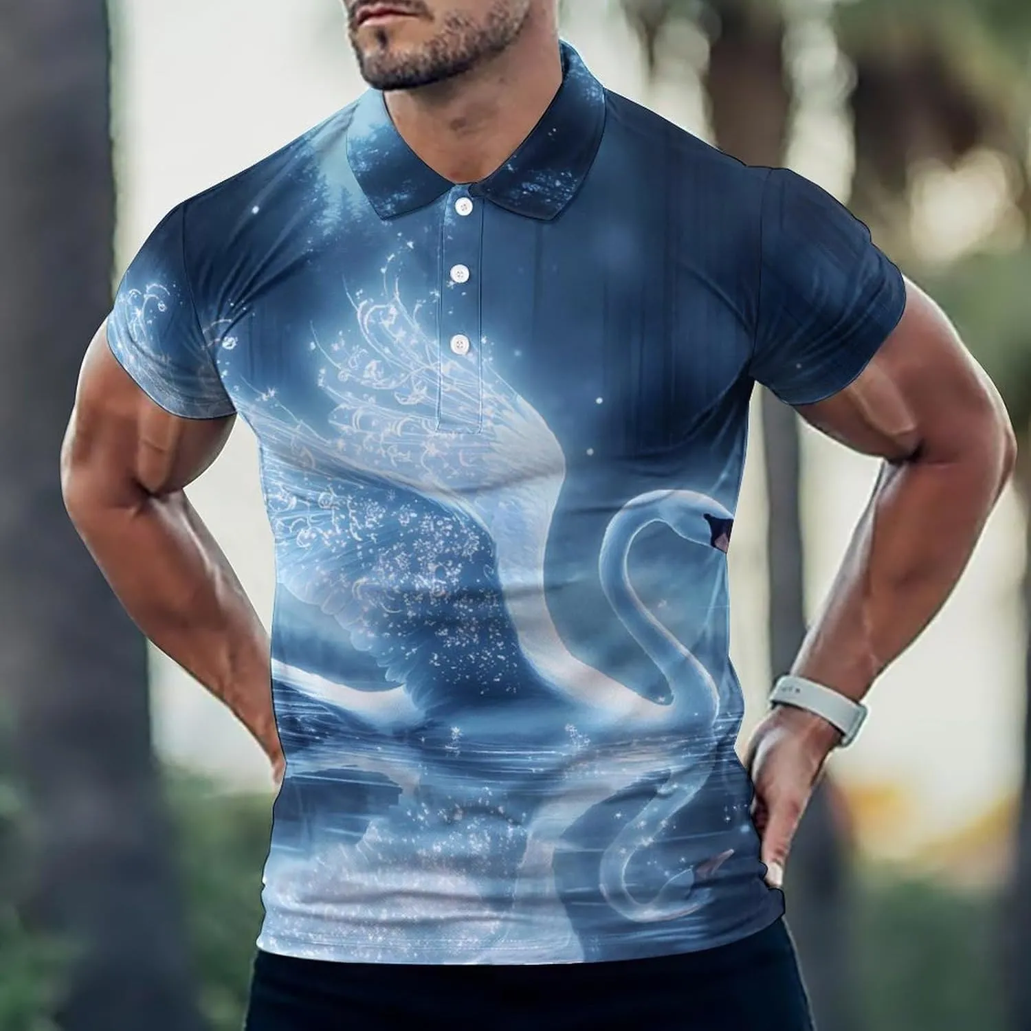 Beautiful Swan Moon Slim Fit Men's Short Sleeve Polo Shirts Quick-Dry Breathable Golf T-Shirt Tops