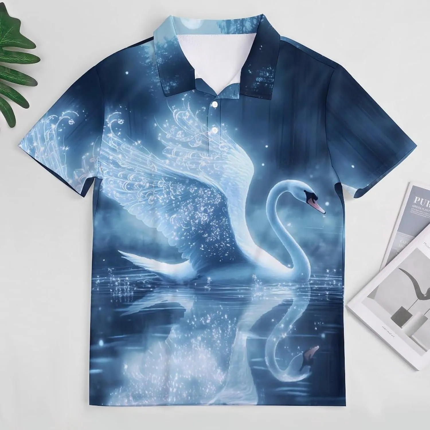 Beautiful Swan Moon Slim Fit Men's Short Sleeve Polo Shirts Quick-Dry Breathable Golf T-Shirt Tops