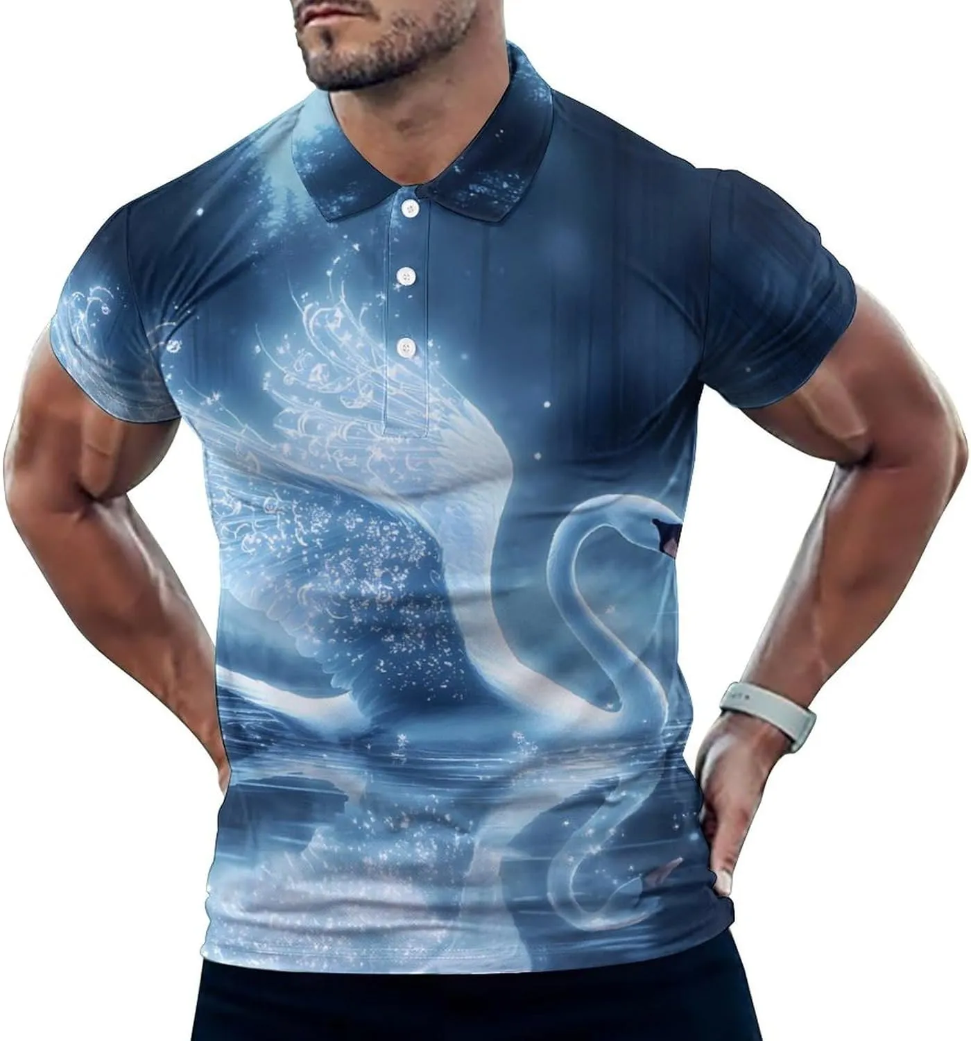 Beautiful Swan Moon Slim Fit Men's Short Sleeve Polo Shirts Quick-Dry Breathable Golf T-Shirt Tops
