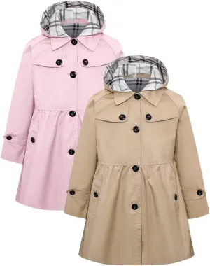 Betusline Girls 2 Packs Trench Coat Hooded Lightweight Single Breasted Dress Outerwear Jacket,2-14 Years