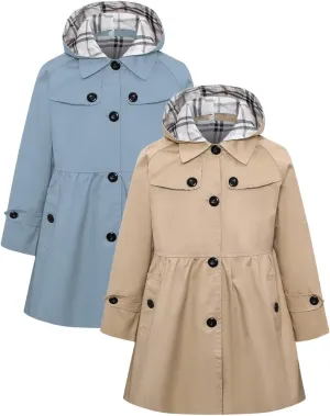 Betusline Girls 2 Packs Trench Coat Hooded Lightweight Single Breasted Dress Outerwear Jacket,2-14 Years