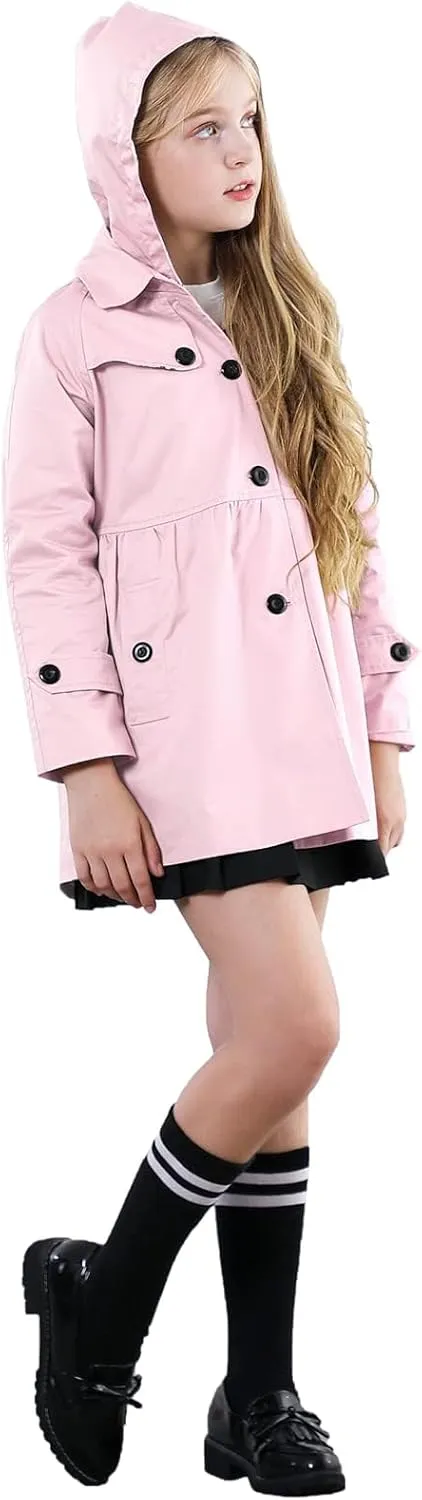 Betusline Girls 2 Packs Trench Coat Hooded Lightweight Single Breasted Dress Outerwear Jacket,2-14 Years