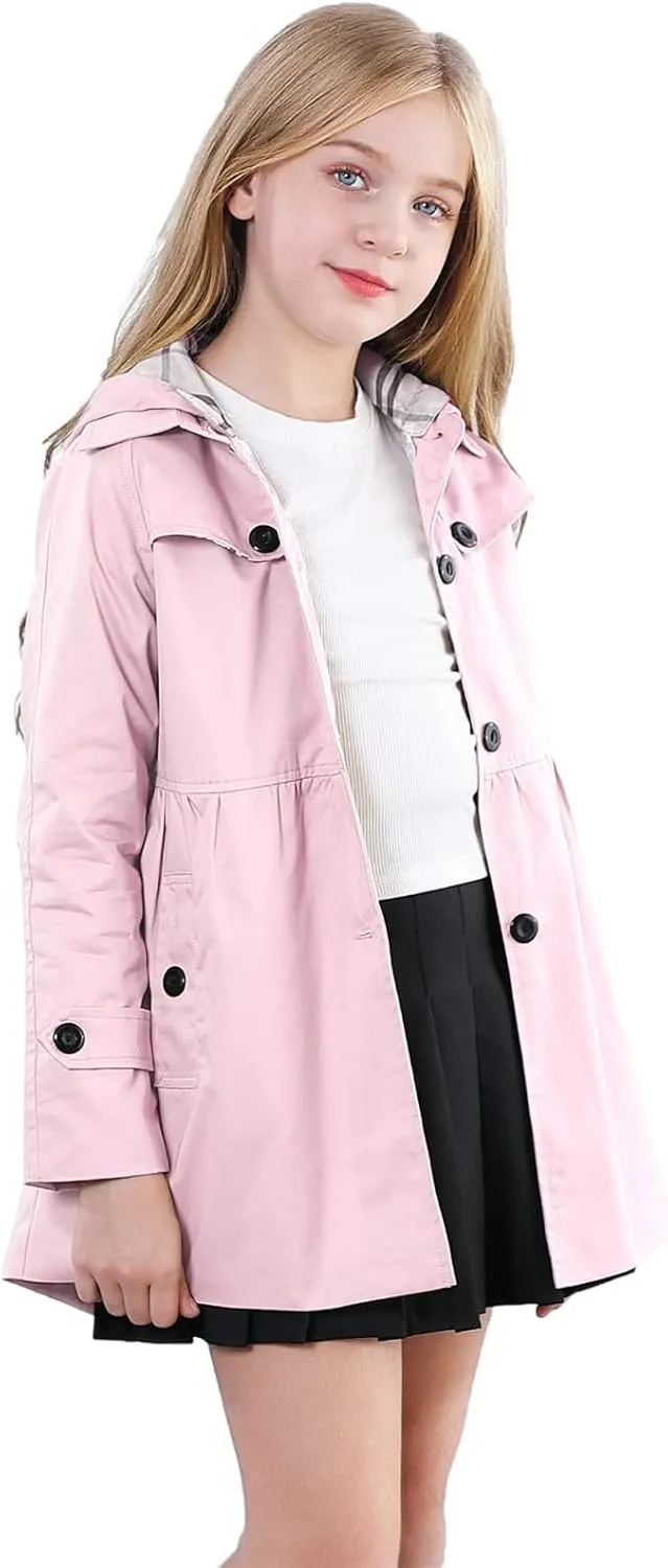 Betusline Girls 2 Packs Trench Coat Hooded Lightweight Single Breasted Dress Outerwear Jacket,2-14 Years