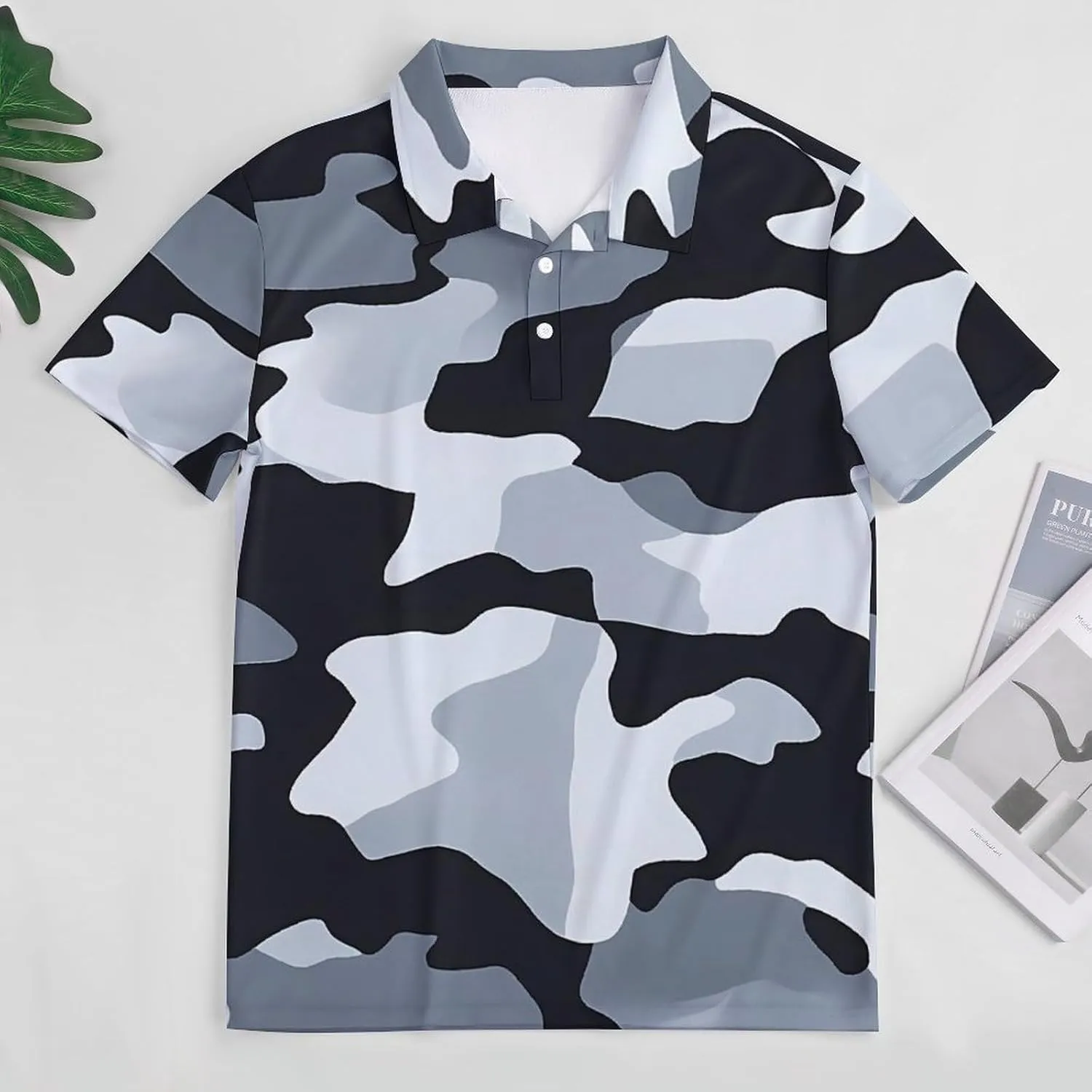 Black Camouflage Slim Fit Men's Short Sleeve Polo Shirts Quick-Dry Breathable Golf T-Shirt Tops